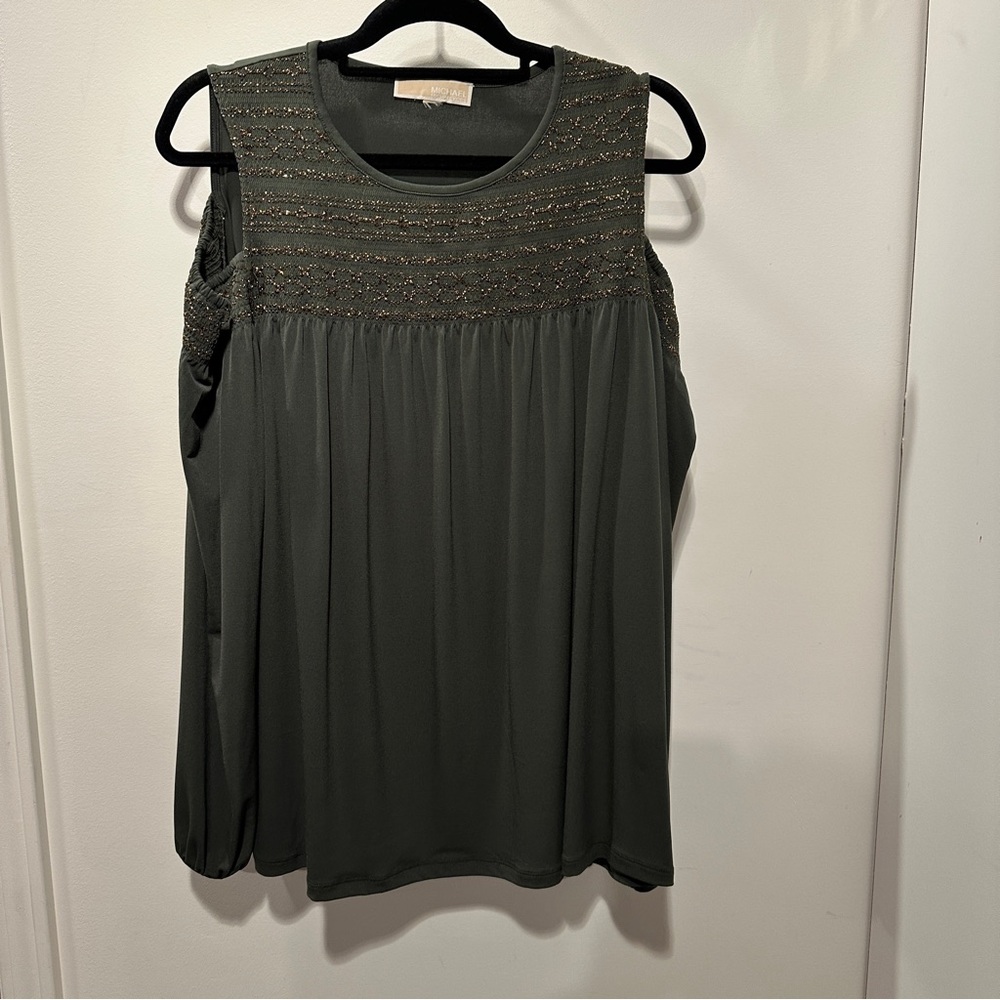 Michael Kors Elegant Dark Green and Gold Trim Cold Shoulder Top